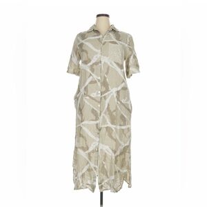 Cristina Vergani Linen Short Sleeve Shirt Dress XL Tan Abstract Italy Midi NEW
